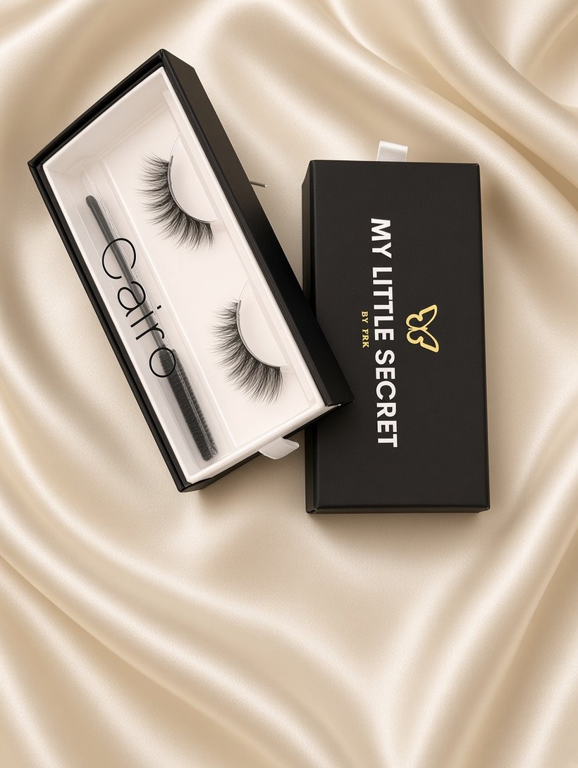 Cairo lashes in the My Little Secret gift box on champagne satin